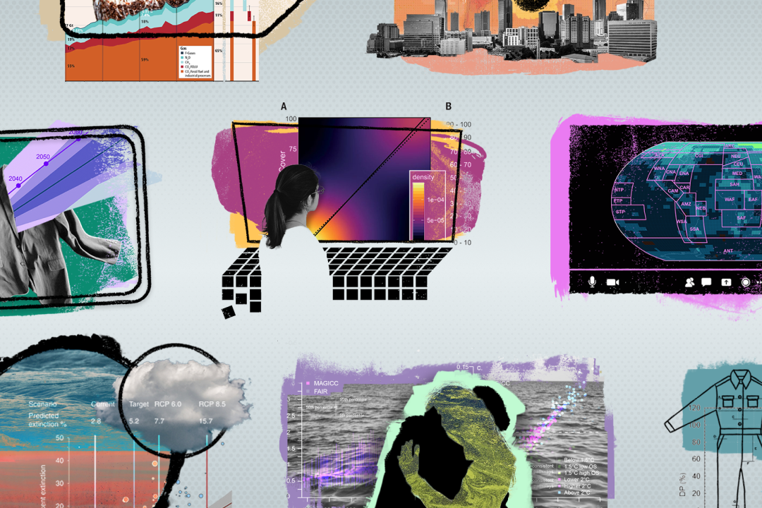 A grid of photo illustrations, each including brightly-colored paint splotches and graphs.